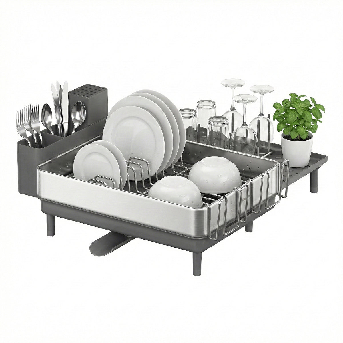 LEDREM Dish Drying Rack, Expandable Stainless Steel with Rotatable Spout, 20.4 x 21.6 x 9.4 inches, Silver and Gray