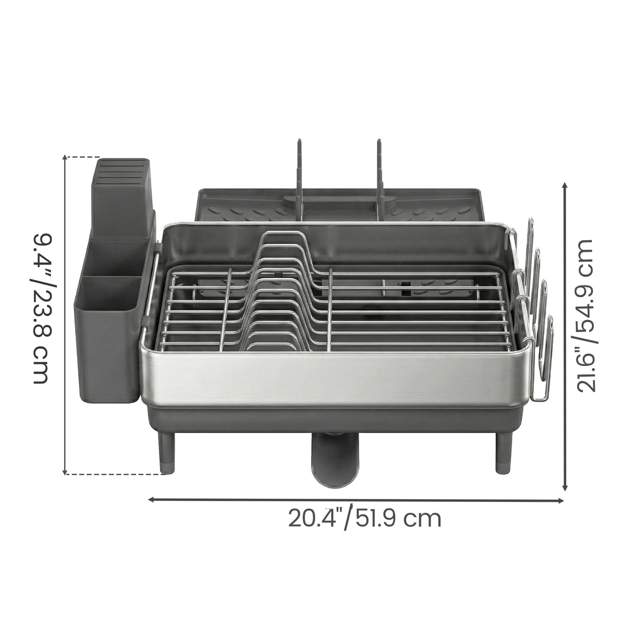 LEDREM Dish Drying Rack, Expandable Stainless Steel with Rotatable Spout, 20.4 x 21.6 x 9.4 inches, Silver and Gray