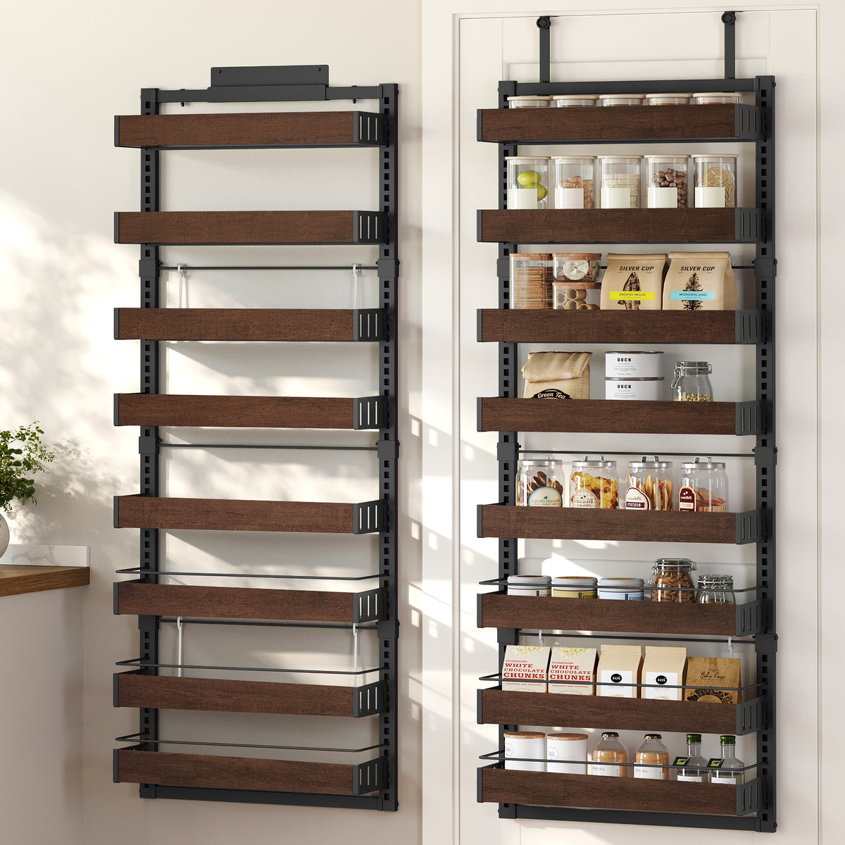 LEDREM Pantry Door Organizer, 8-Tier Adjustable Wall Mount Spice Rack, 16.9 x 6.2 x 71.7 Inches, Black and Tan