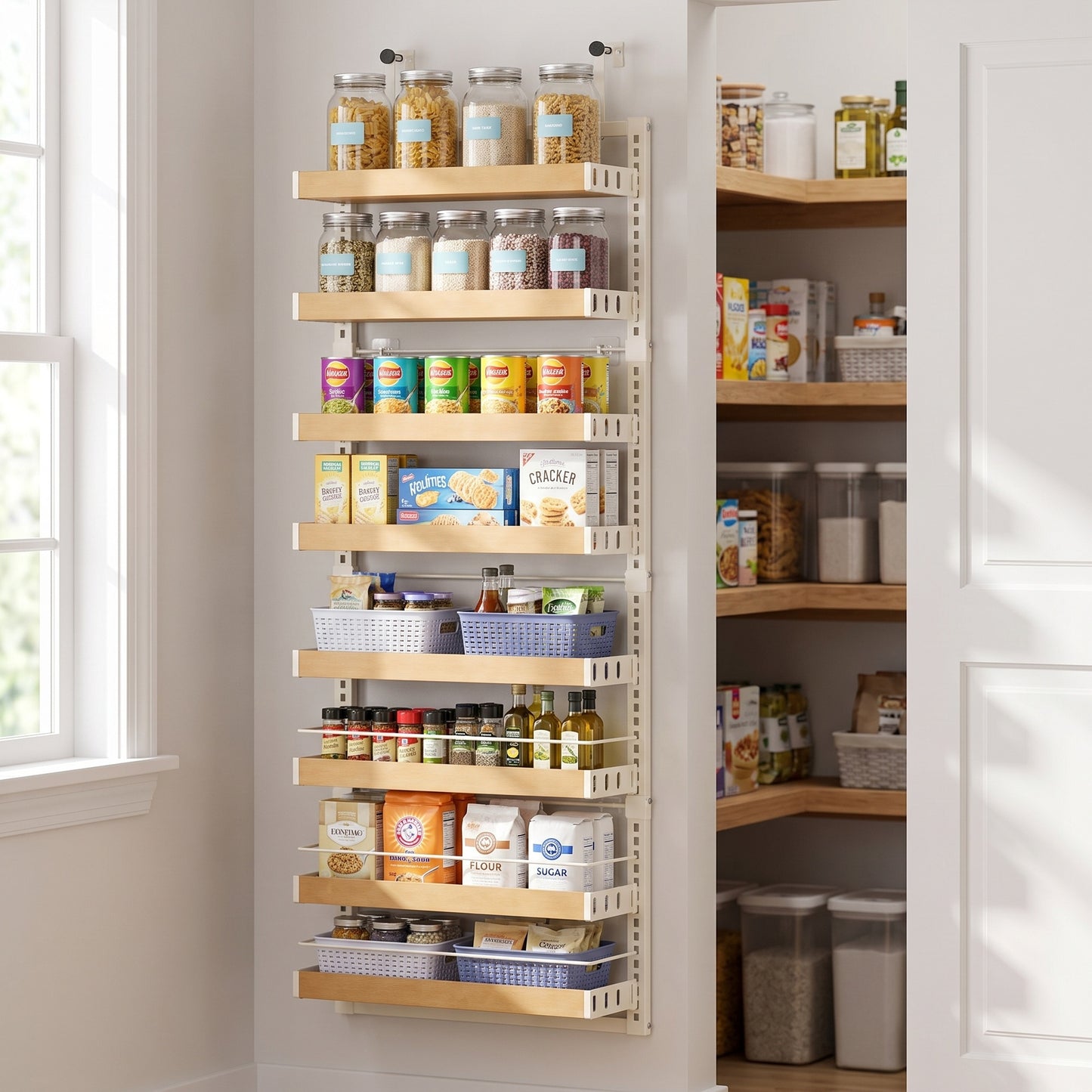 Pantry Door Organizer, 8-Tier Adjustable Wall Mount Spice Rack, 16.9 x 6.2 x 71.7 Inches, White