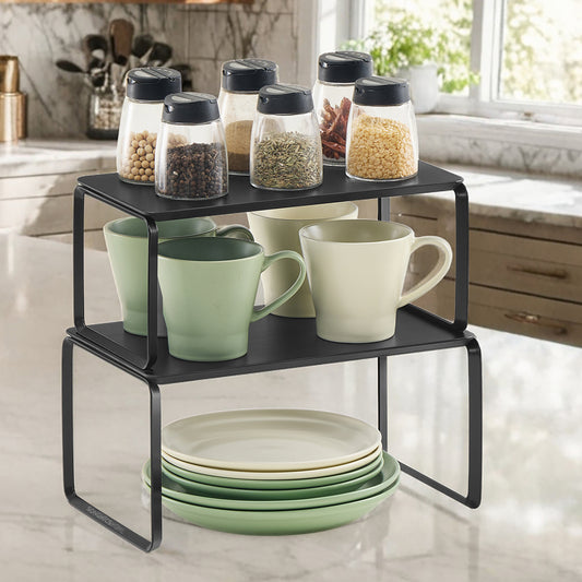 2-Tier Bamboo Shelf Organizer - Stackable Kitchen Storage Rack, Adjustable Layout, 22-24lb Capacity, Multi-Purpose, Ink Black