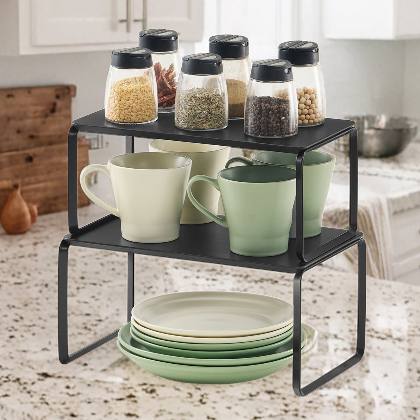 2-Tier Bamboo Shelf Organizer - Stackable Kitchen Storage Rack, Adjustable Layout, 22-24lb Capacity, Multi-Purpose, Ink Black