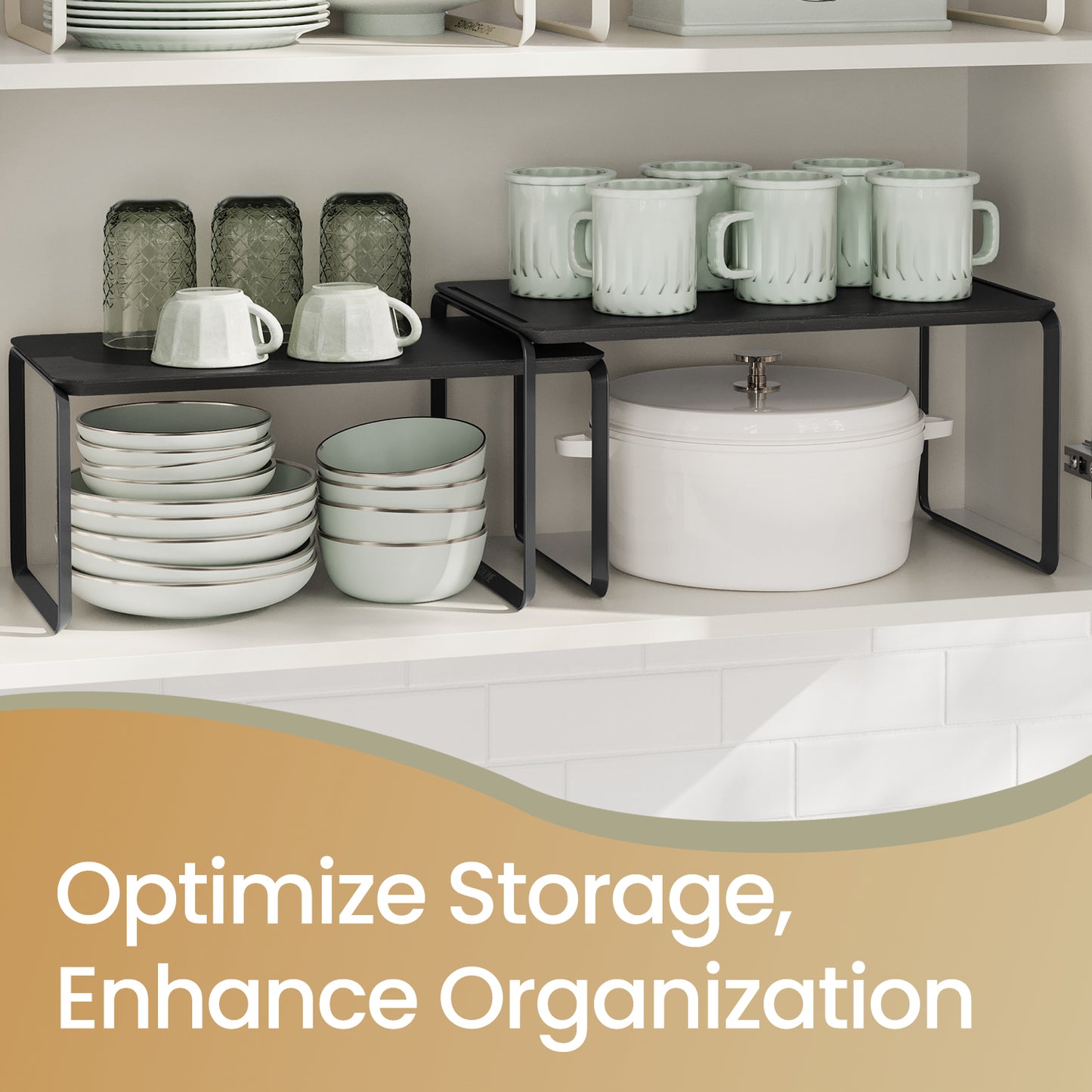 2-Tier Bamboo Shelf Organizer - Stackable Kitchen Storage Rack, Adjustable Layout, 22-24lb Capacity, Multi-Purpose, Ink Black