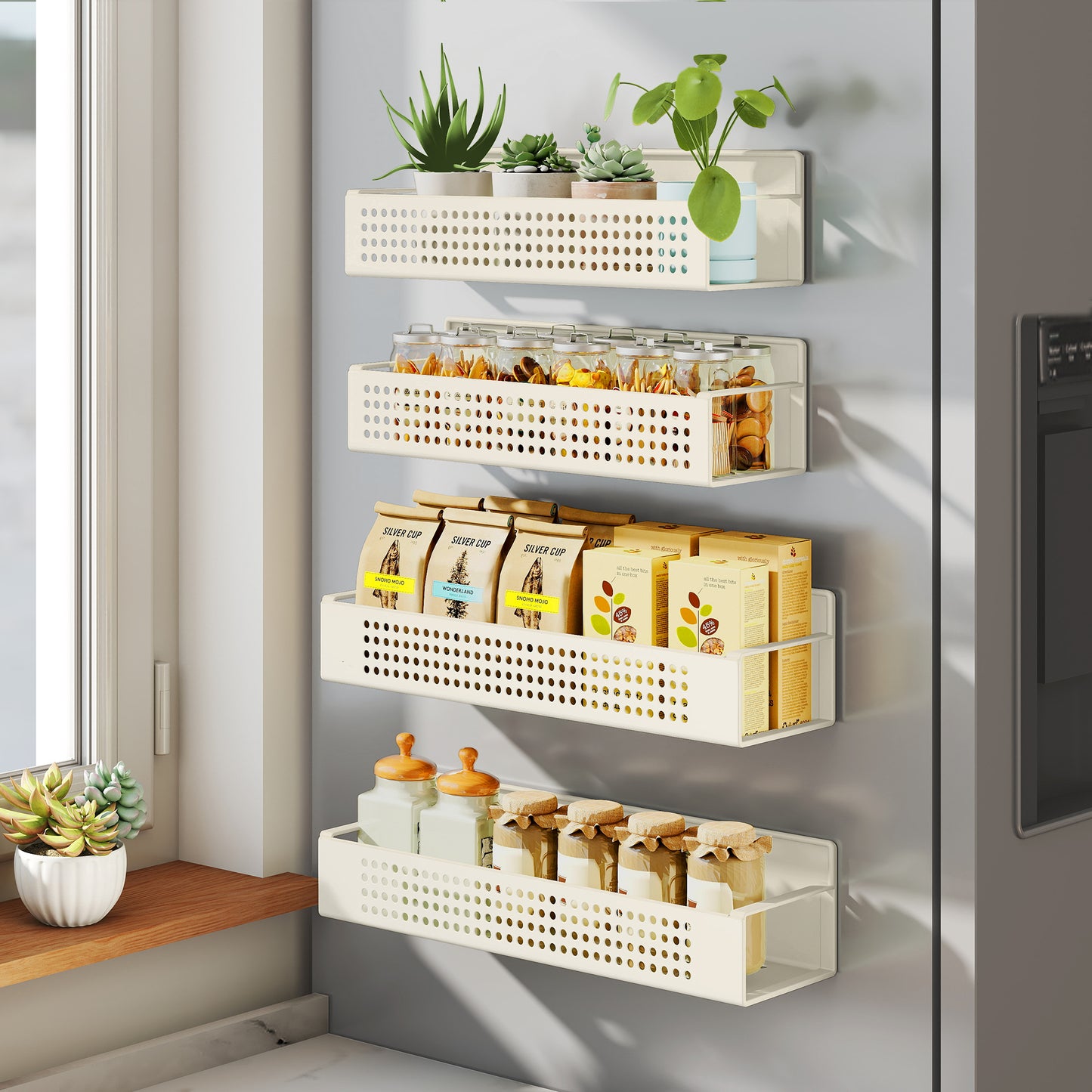 Set of 4 Strong Magnetic Spice Racks, No-Drill Magnetic Shelves for Refrigerator and Microwave, 2 Large and 2 Small, Cream White