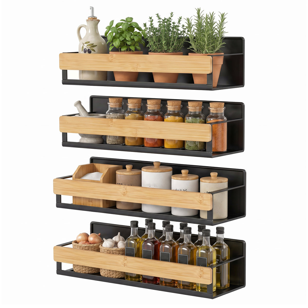 LEDREM Magnetic Spice Rack, 4 Pack, Magnetic Shelves for Fridge, Kitchen Organizer Shelf, Black