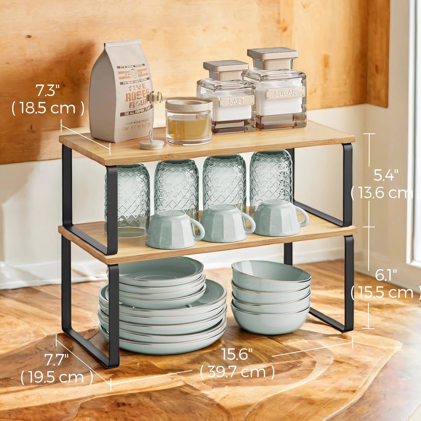 2-Pack Adjustable Kitchen Shelves - Stackable Organizer Rack, 33lb Capacity, Multi-Configurable, Ink Black and Natural Beige