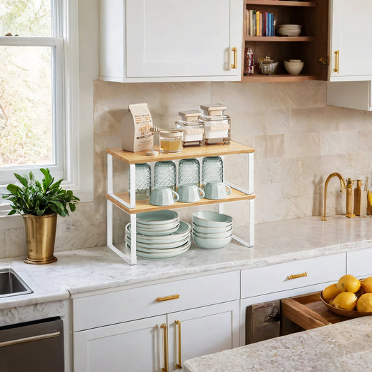 2-Pack Adjustable Kitchen Shelf Organizers - Stackable, Expandable Storage Rack for Spices, 33lb Capacity,  Cloud White and Natural Beige