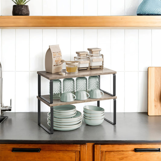 2-Pack Kitchen Organizer Shelves - Stackable, 33lb Capacity, 5-Way Adjustable, Metal/Wood Construction, Ink Black and Heather Greige