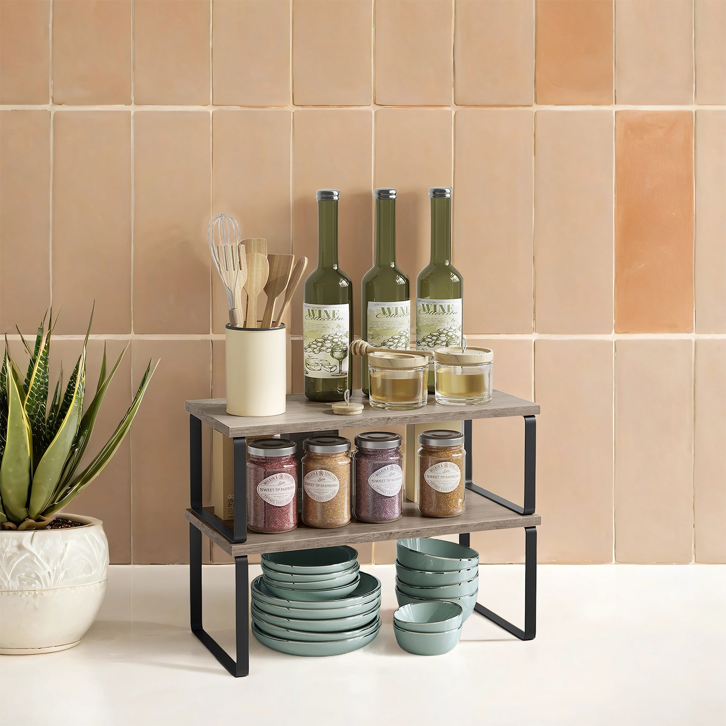 2-Pack Kitchen Organizer Shelves - Stackable, 33lb Capacity, 5-Way Adjustable, Metal/Wood Construction, Ink Black and Heather Greige