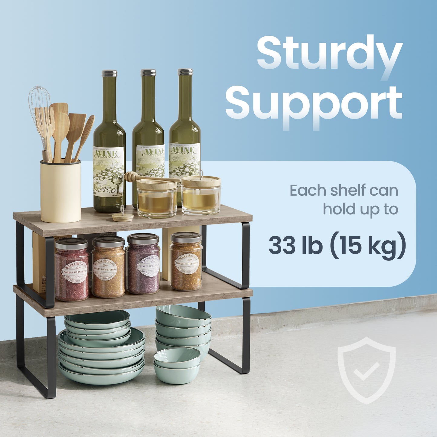 2-Pack Kitchen Organizer Shelves - Stackable, 33lb Capacity, 5-Way Adjustable, Metal/Wood Construction, Ink Black and Heather Greige