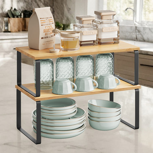 4-Pack Kitchen Organizer Shelves - Stackable, 33lb Capacity, Adjustable Storage Rack, Metal/Wood, Ink Black and Natural Beige