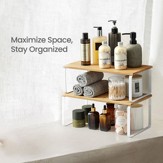 4-Pack Kitchen Organizer Shelves - Stackable, 33lb Capacity, Adjustable Storage Rack, Metal/Wood, Cloud White and Natural Beige