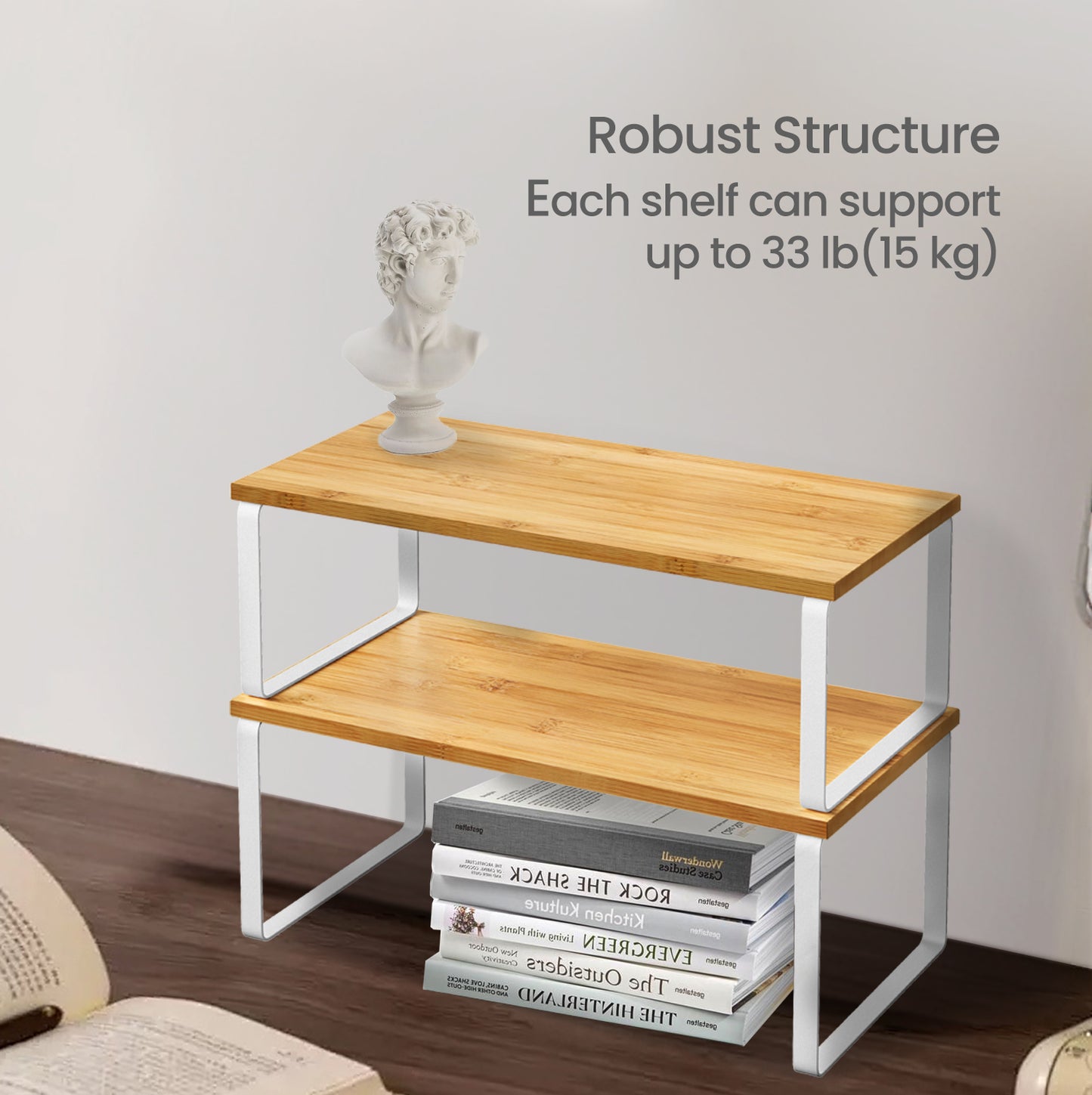 4-Pack Kitchen Organizer Shelves - Stackable, 33lb Capacity, Adjustable Storage Rack, Metal/Wood, Cloud White and Natural Beige