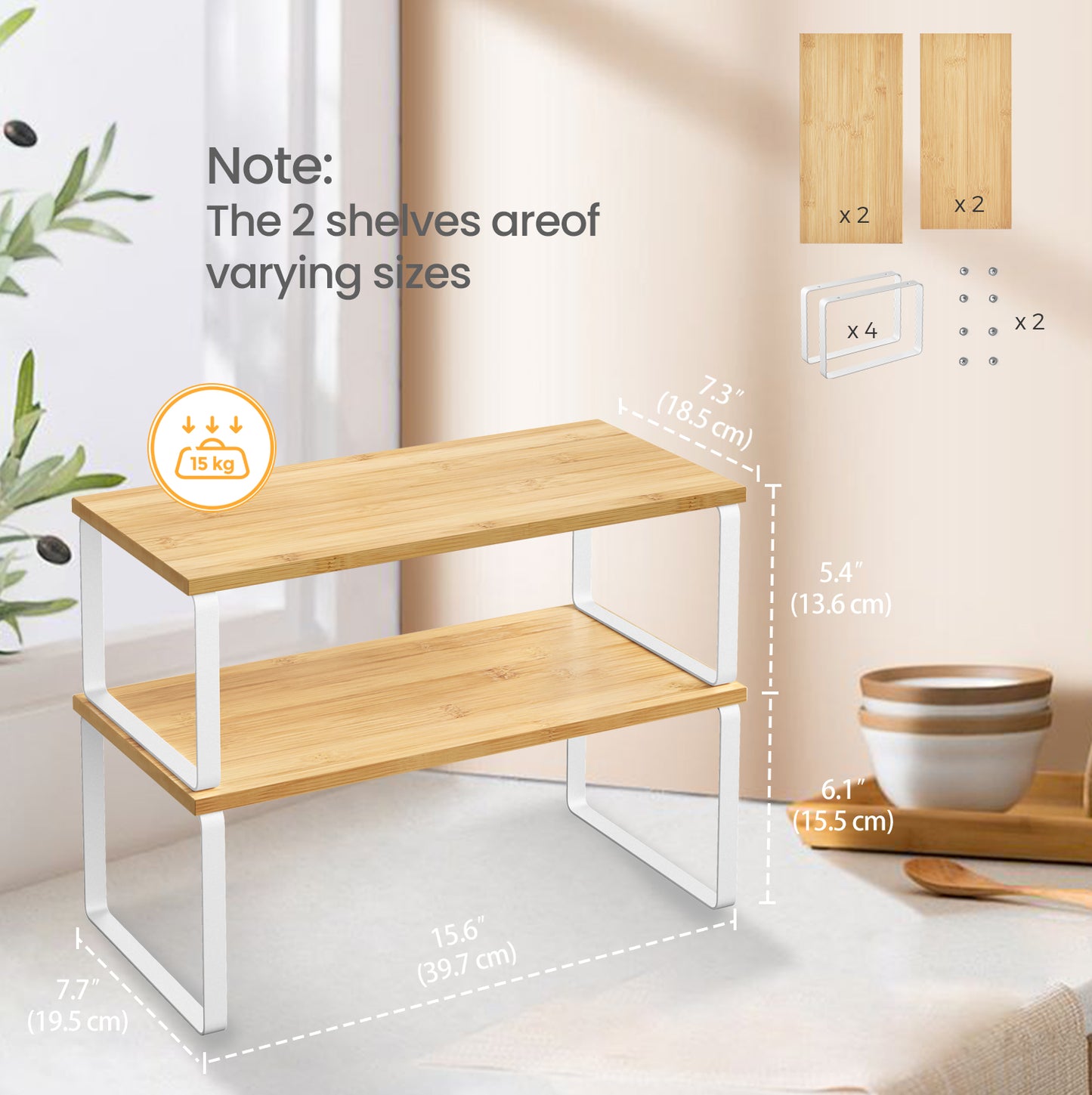 4-Pack Kitchen Organizer Shelves - Stackable, 33lb Capacity, Adjustable Storage Rack, Metal/Wood, Cloud White and Natural Beige
