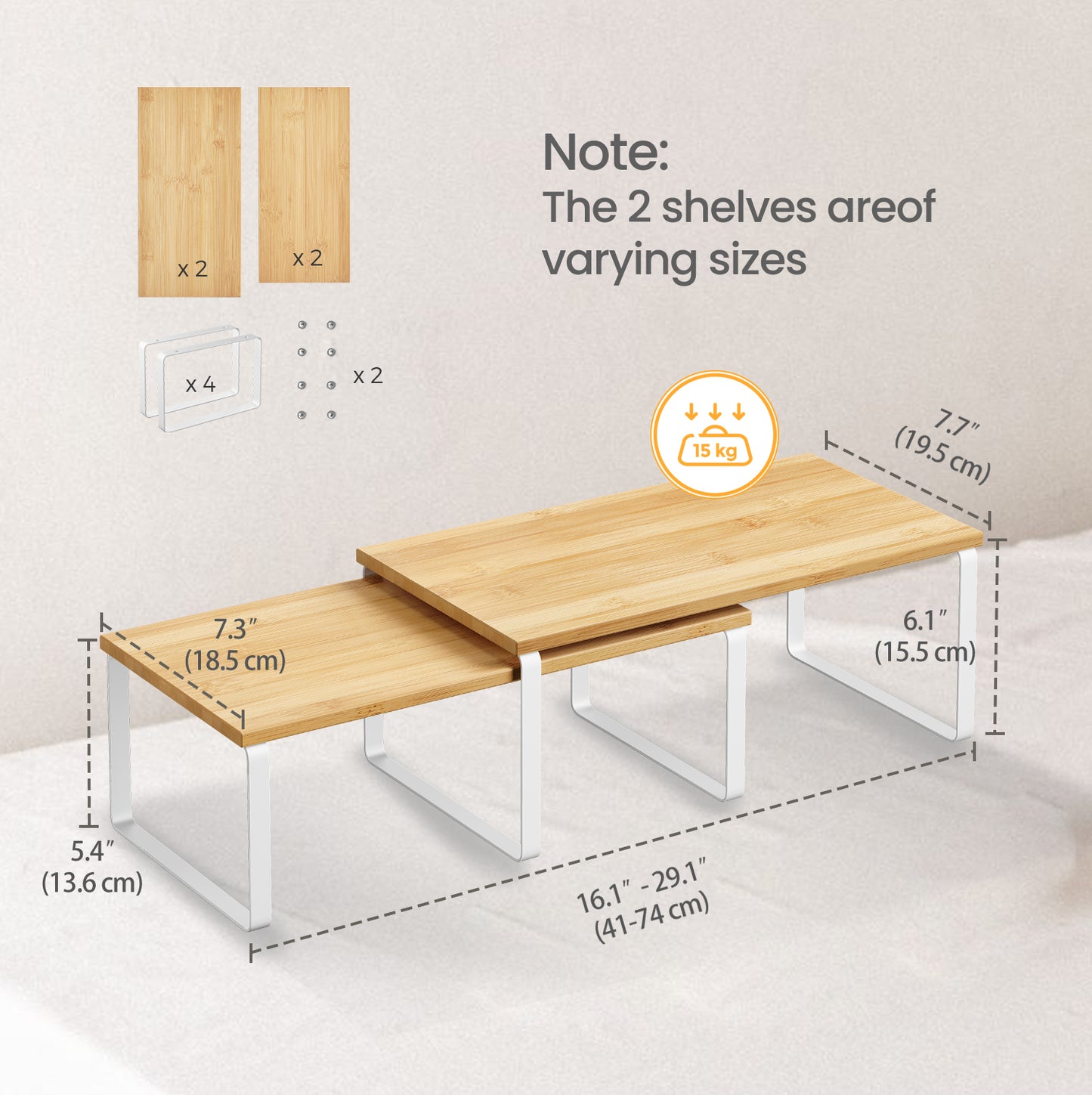 4-Pack Kitchen Organizer Shelves - Stackable, 33lb Capacity, Adjustable Storage Rack, Metal/Wood, Cloud White and Natural Beige