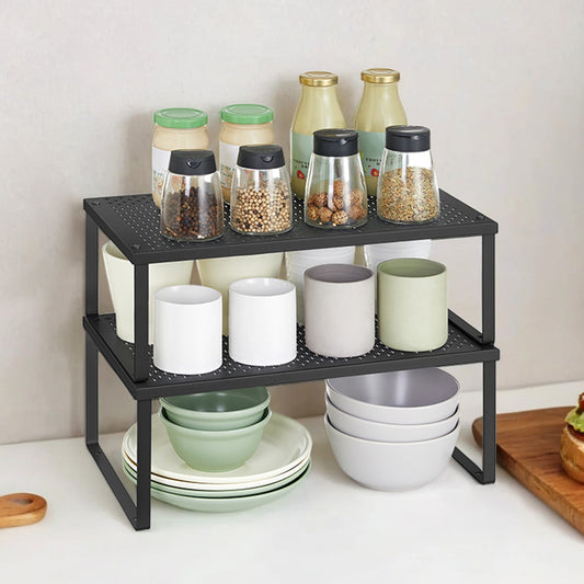 2-Tier Heavy Duty Spice Rack - Metal Cabinet Organizer, 35lb Capacity, Space Saving Design, Stackable, Ink Black