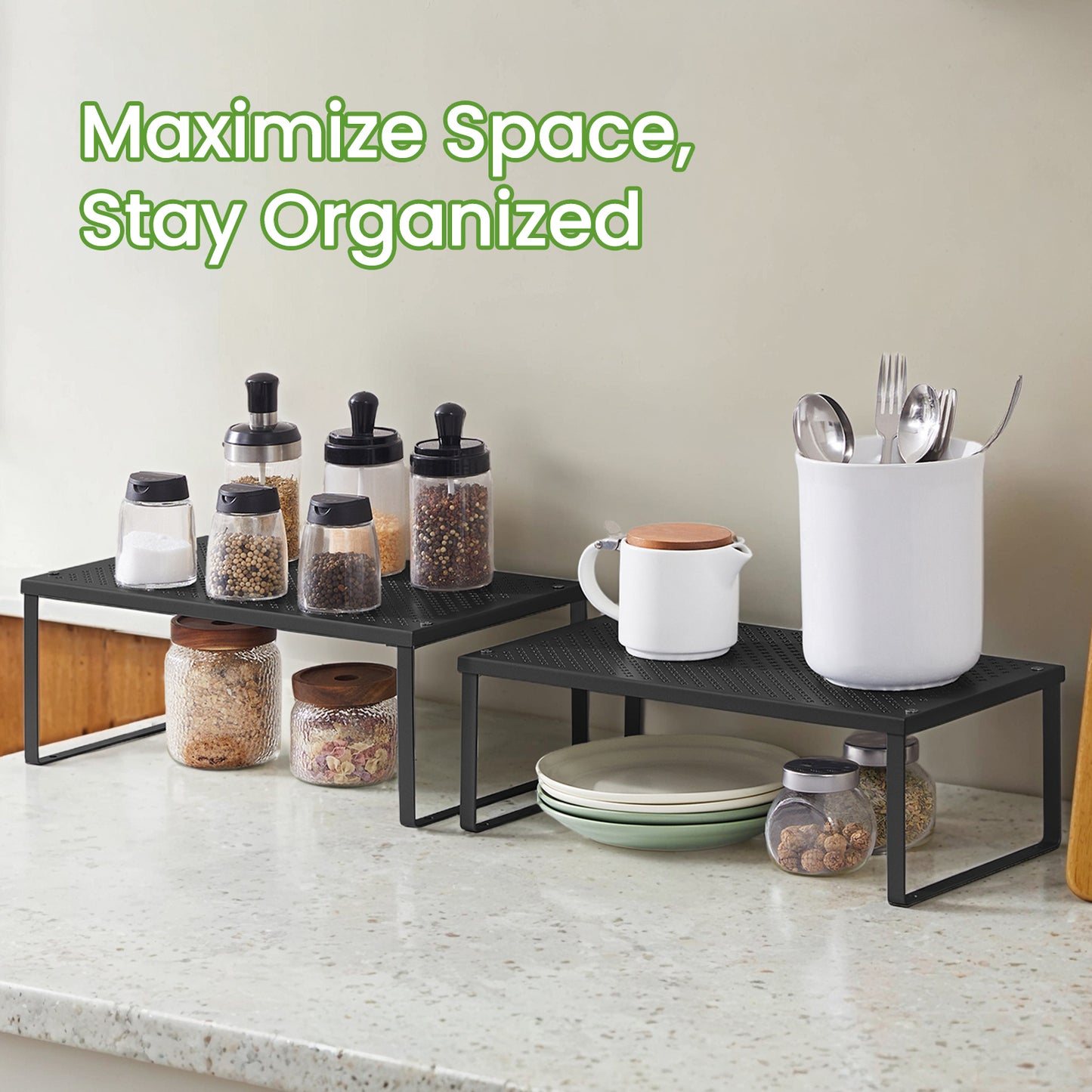 2-Tier Heavy Duty Spice Rack - Metal Cabinet Organizer, 35lb Capacity, Space Saving Design, Stackable, Ink Black