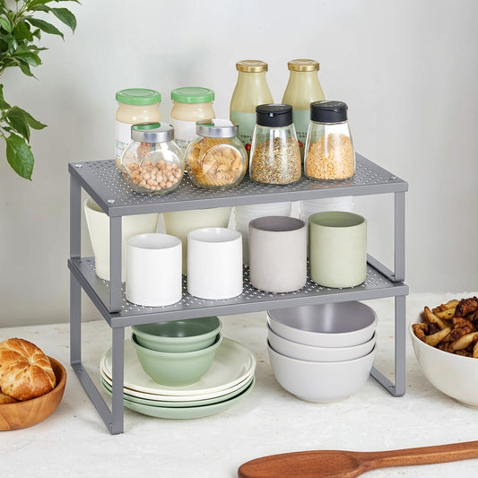 2-Tier Metal Spice Rack Organizer - Heavy Duty 35lb Capacity, Space Saving Design, Stackable Shelves, Silver