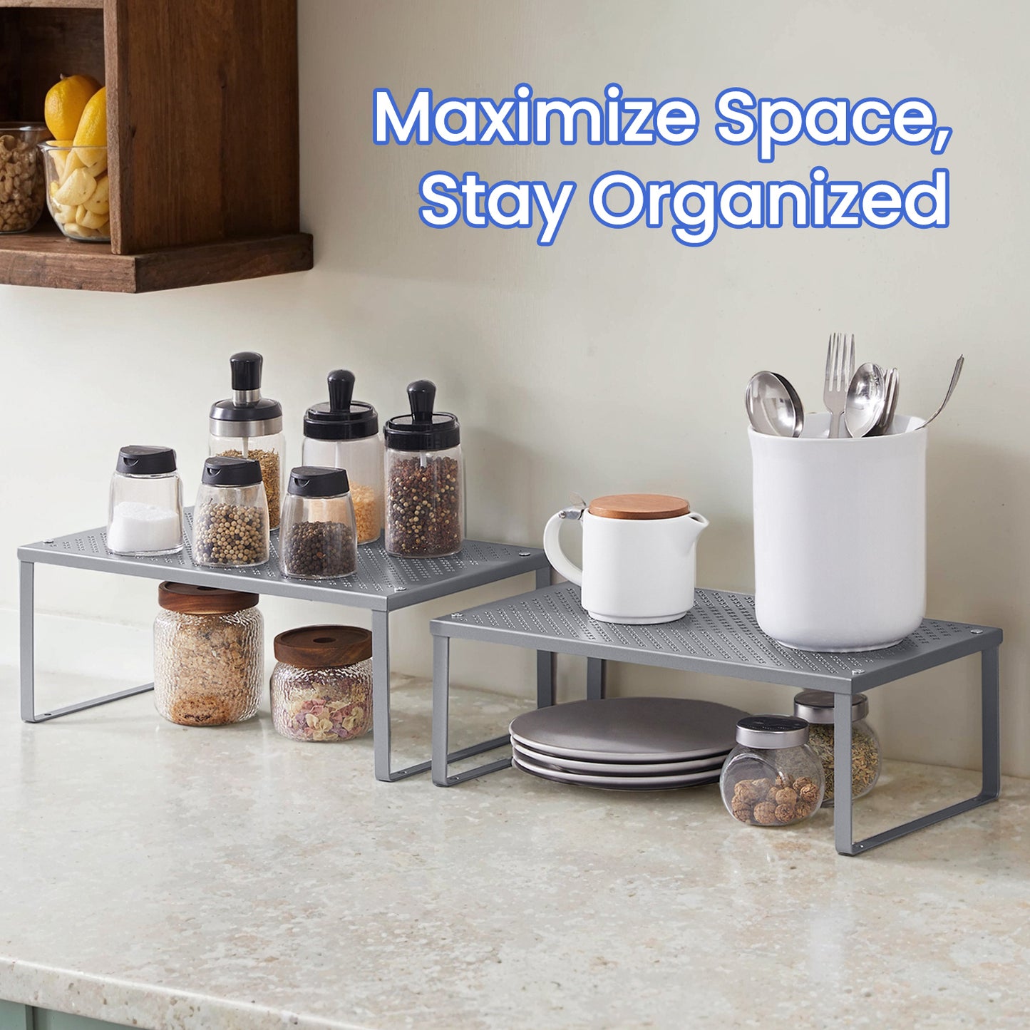 2-Tier Metal Spice Rack Organizer - Heavy Duty 35lb Capacity, Space Saving Design, Stackable Shelves, Silver