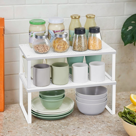 2-Tier Metal Shelf Organizer - Heavy Duty 35lb Capacity, Space Saving Design, Stackable, 15.7" Wide, White