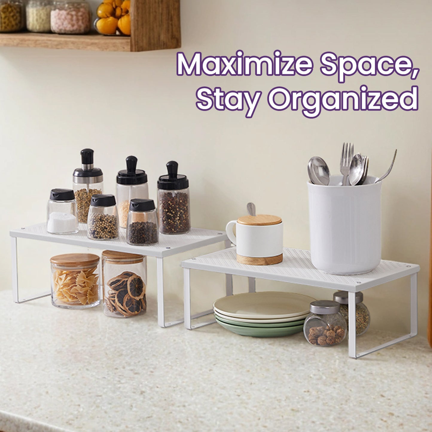 2-Tier Metal Shelf Organizer - Heavy Duty 35lb Capacity, Space Saving Design, Stackable, 15.7" Wide, White