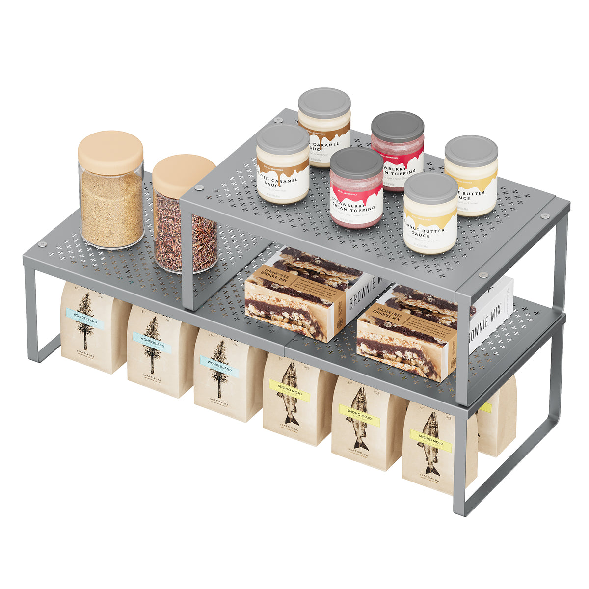 LEDREM Kitchen Counter Shelves, Set of 2, Extendable Cupboard Organizers, Spice Racks, Steel, Space-Saving, Gray