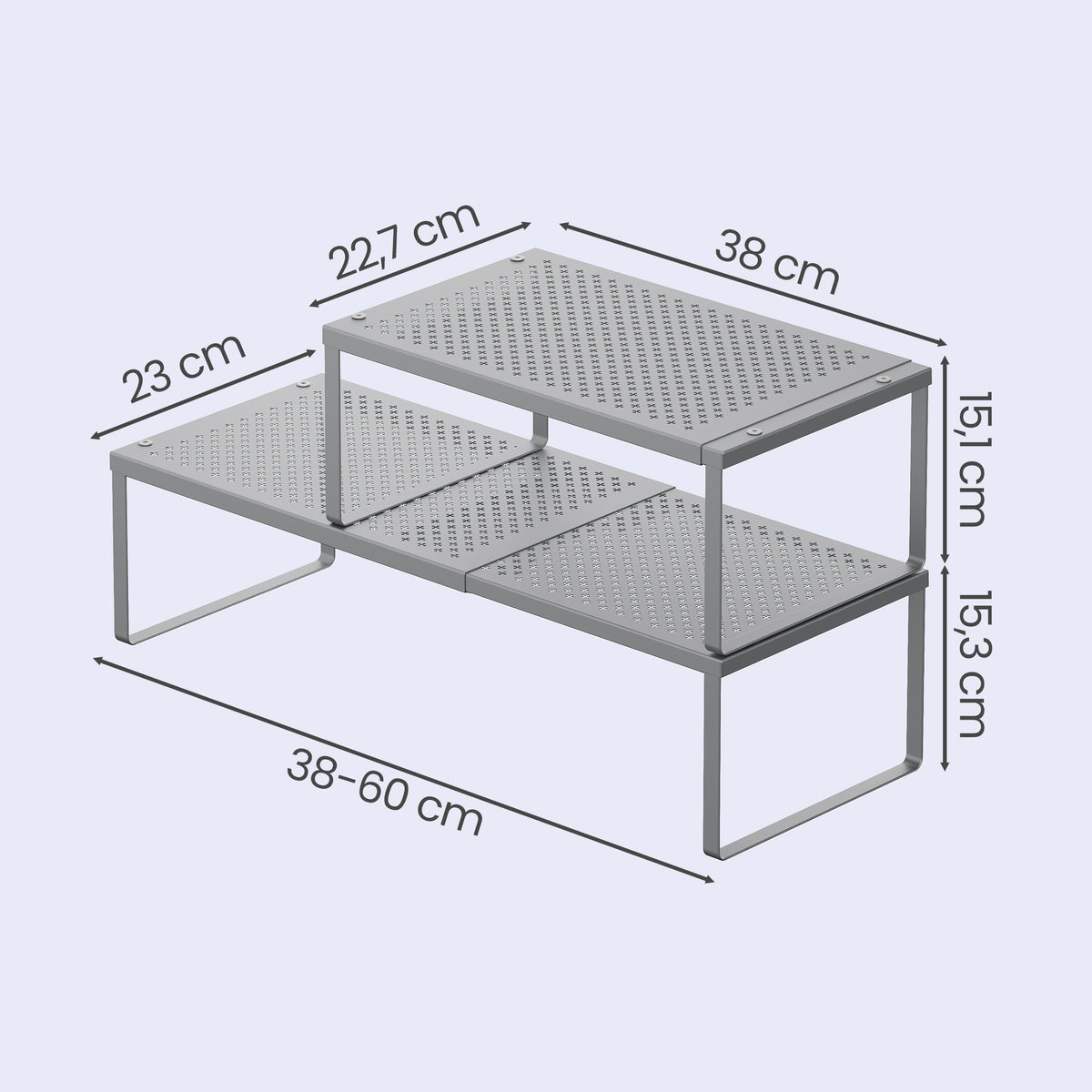 LEDREM Kitchen Counter Shelves, Set of 2, Extendable Cupboard Organizers, Spice Racks, Steel, Space-Saving, Gray