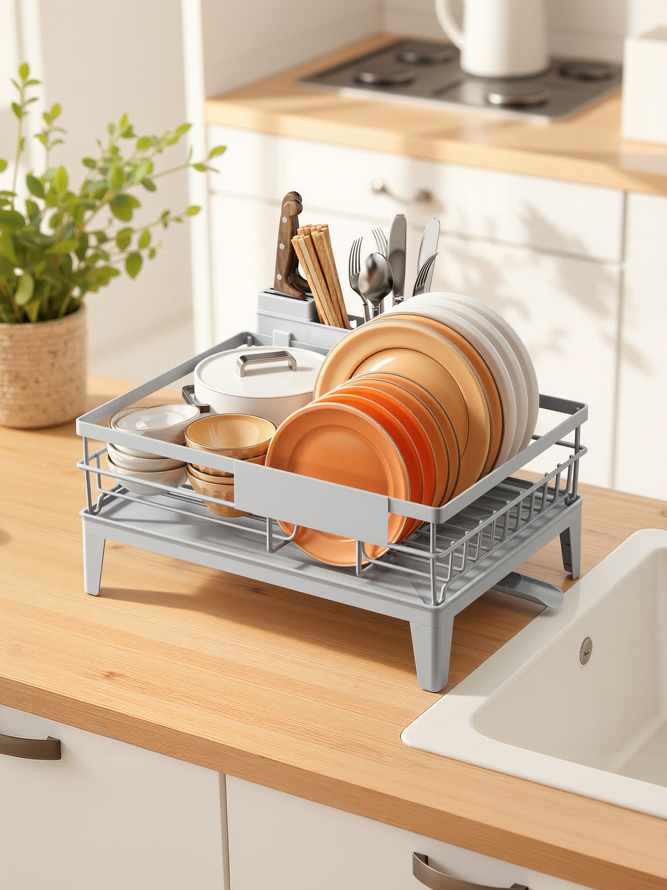 Kitchen Dish Drying Rack with Drainboard and Cutlery Holder, 360° Rotatable Spout for Small Spaces, 12.2 x 16.5 Inch, Dove Gray