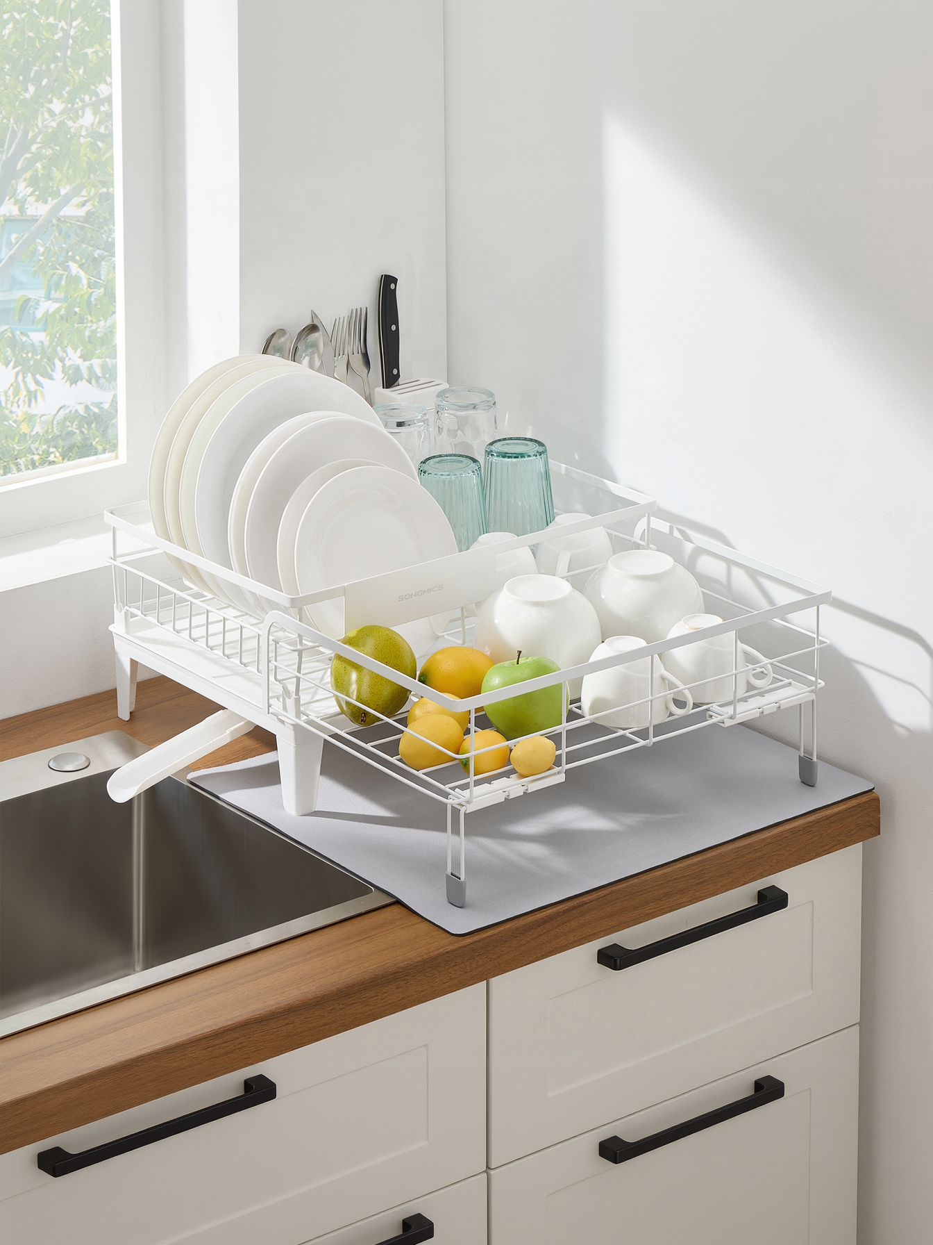 Expandable Dish Drying Rack with Drainboard, Adjustable 12.2-22 Inch Dish Rack with Rotatable Spout and Silicone Mat, Matte White and Dove Gray