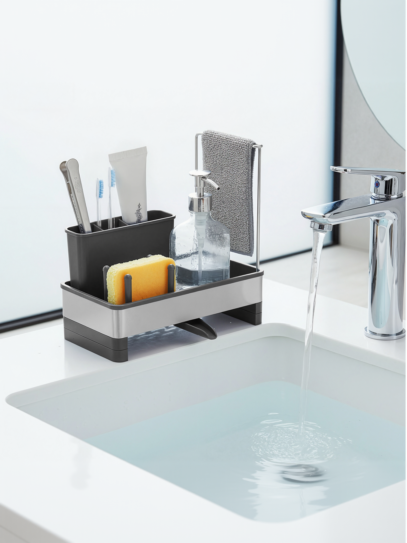 Rotatable Spout Sink Caddy Organizer, Stainless Steel Sink Organizer with Sponge and Soap Holder for Kitchen and Bathroom, Ink Black and Silver