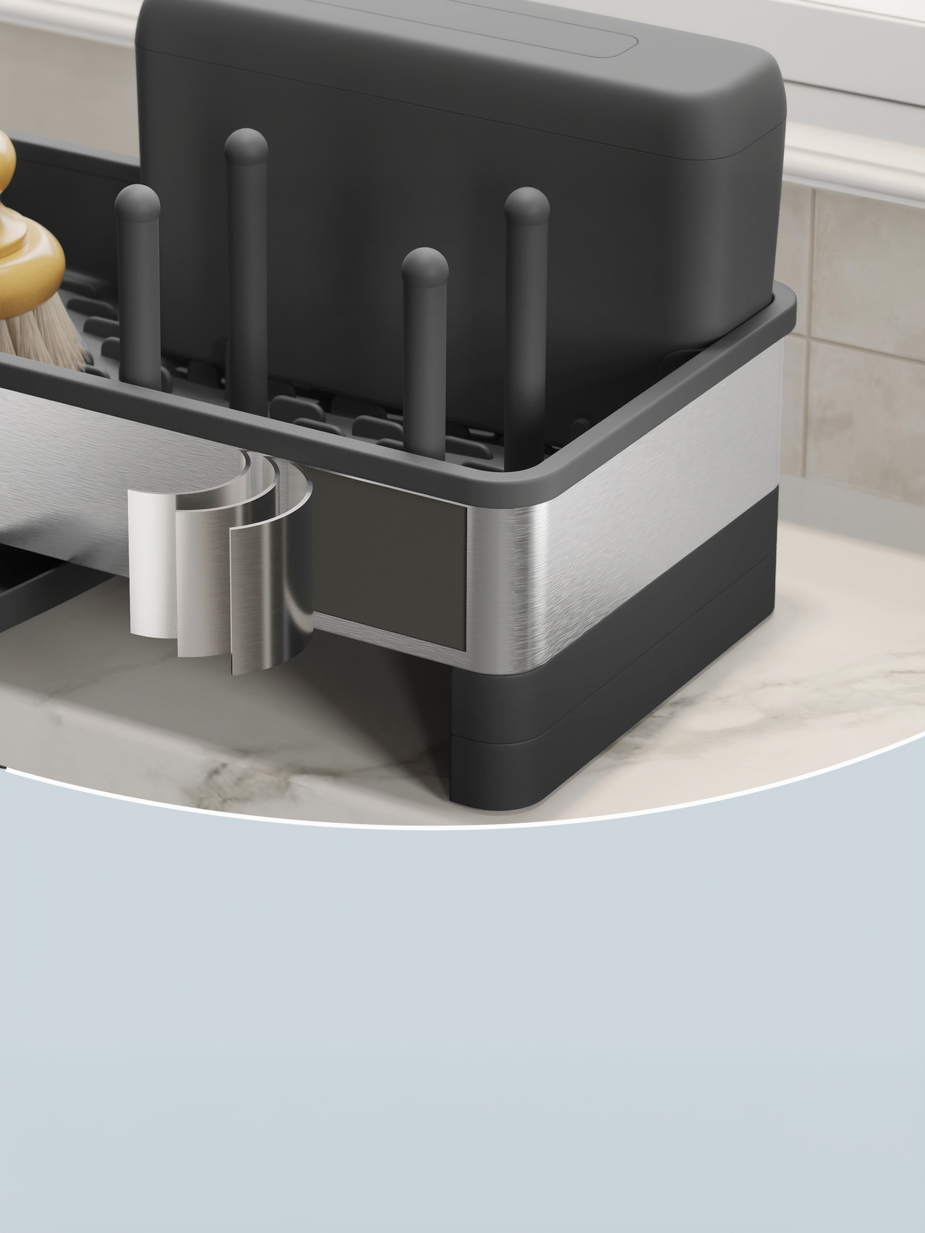 Rotatable Spout Sink Caddy Organizer, Stainless Steel Sink Organizer with Sponge and Soap Holder for Kitchen and Bathroom, Ink Black and Silver