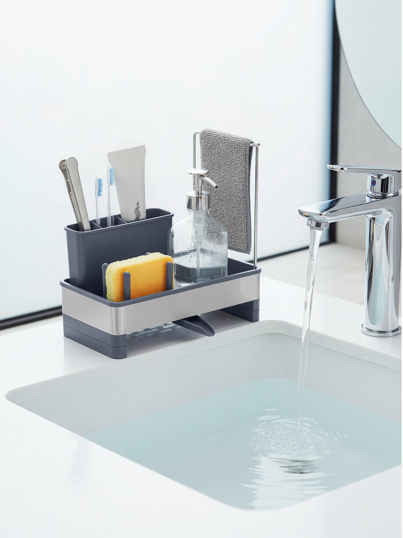 Rotatable Spout Sink Caddy Organizer, Stainless Steel Sink Organizer with Sponge and Soap Holder for Kitchen and Bathroom, Slate Grey and Silver