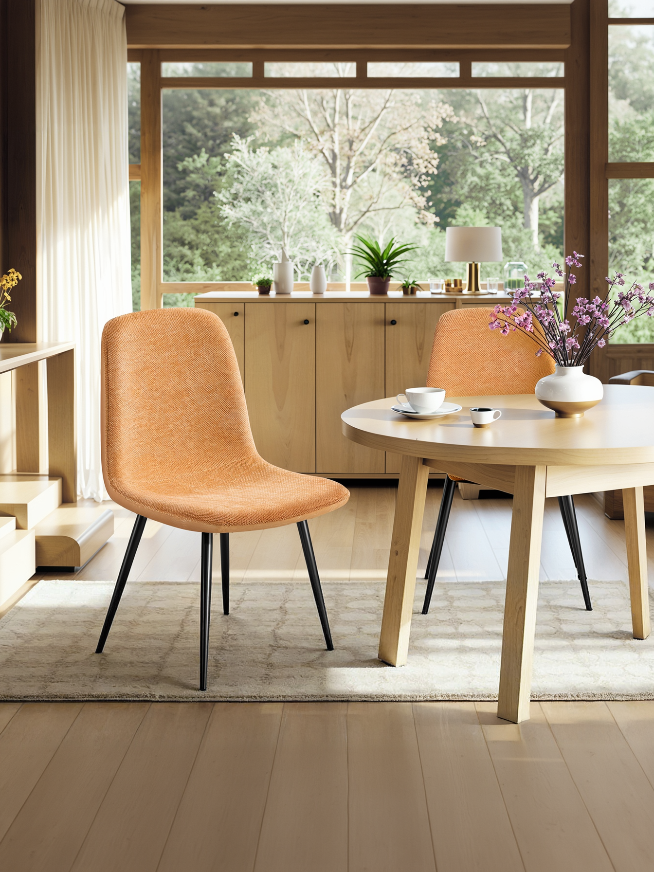 Set of 4 Dining Chairs, Metal Frame Glacier-Textured Synthetic Leather Chairs with Adjustable Feet, for Kitchen and Dining Room, Caramel Brown