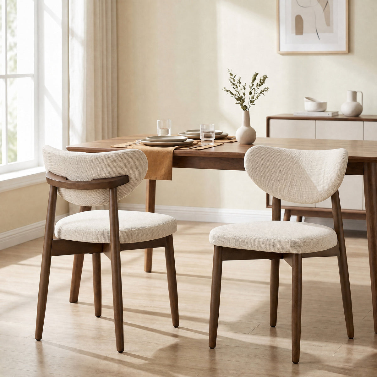 Mid Century Modern Dining Chairs Set of 2, Upholstered Wooden Chairs, 19.6 x 20 x 32.2 inches, Beige
