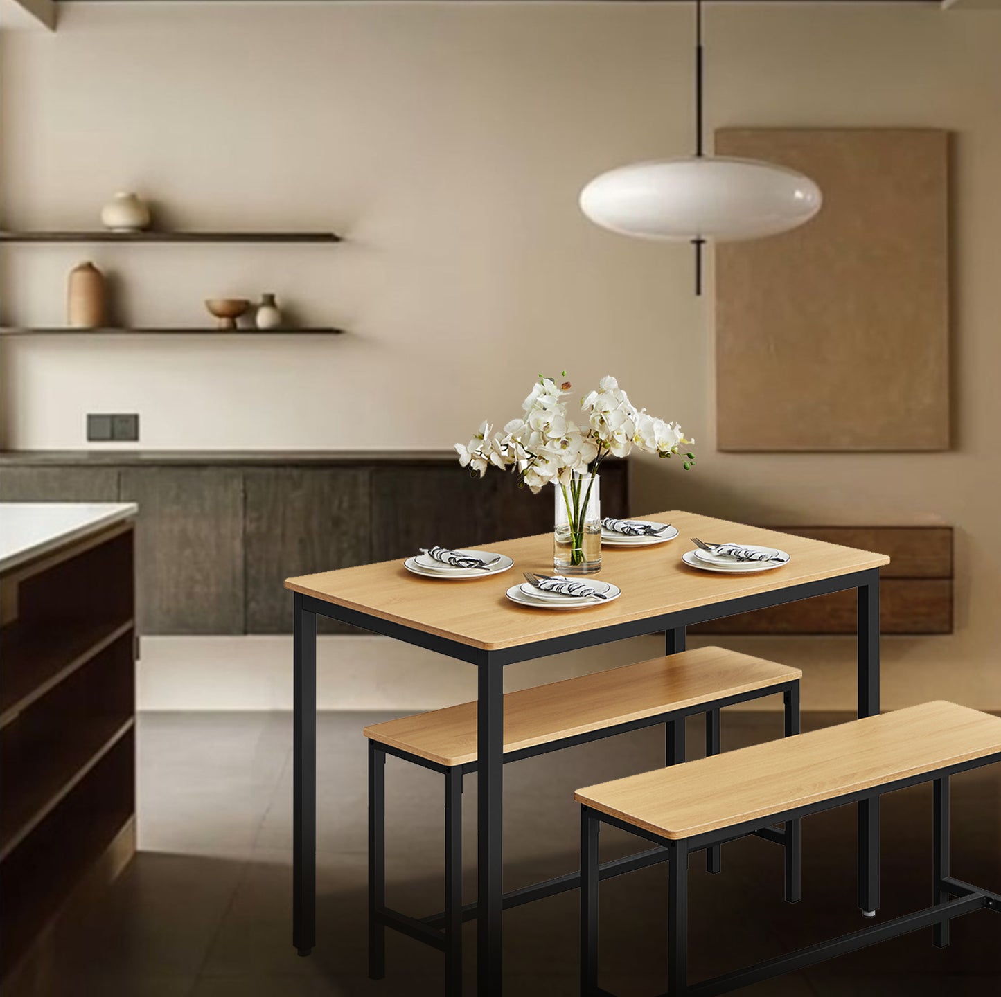 LEDREM 4-Person Dining Set - Space-Saving Table & 2 Benches, Easy Assembly, 43.3"L Table, 38.2"L Benches, Golden Oak and Black