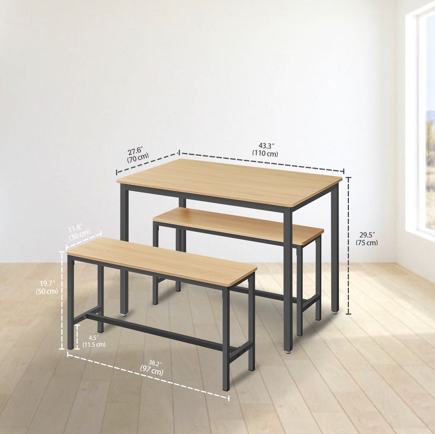 LEDREM 4-Person Dining Set - Space-Saving Table & 2 Benches, Easy Assembly, 43.3"L Table, 38.2"L Benches, Golden Oak and Black