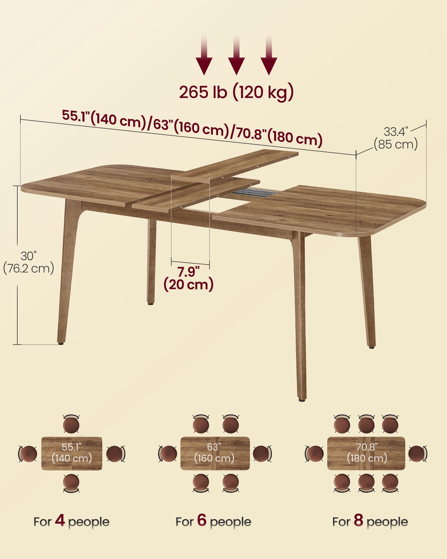 Extendable Dining Table, Mid-Century Modern Kitchen Table with Tapered Legs & Curved Edges, Expandable for 4 to 8 Seats, Solid Wood Frame, Honey Brown