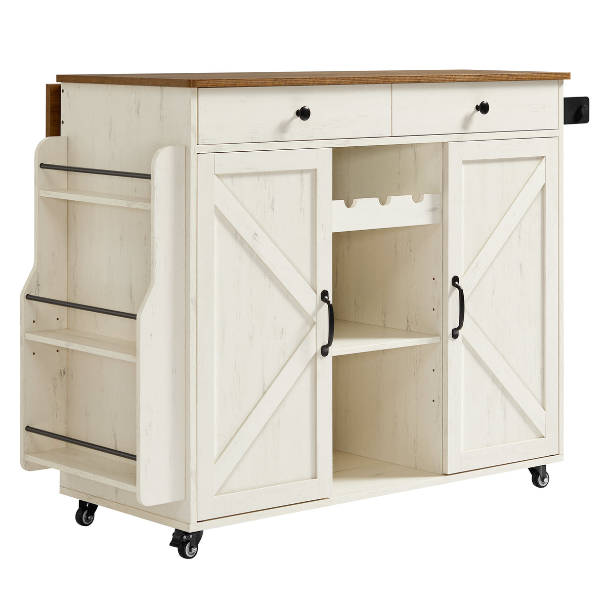 Kitchen Island Cart with Barn Doors and Drawers, Farmhouse Rolling Cabinet, 49.1 x (17.7-28.7) x 36 Inches, White and Tan