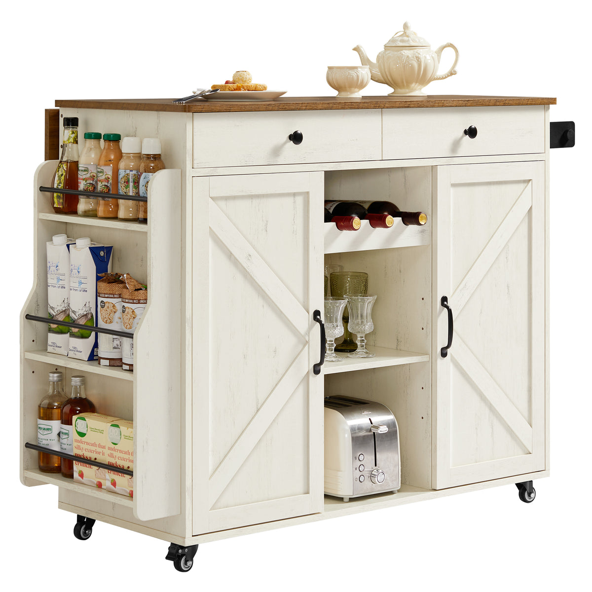 Kitchen Island Cart with Barn Doors and Drawers, Farmhouse Rolling Cabinet, 49.1 x (17.7-28.7) x 36 Inches, White and Tan