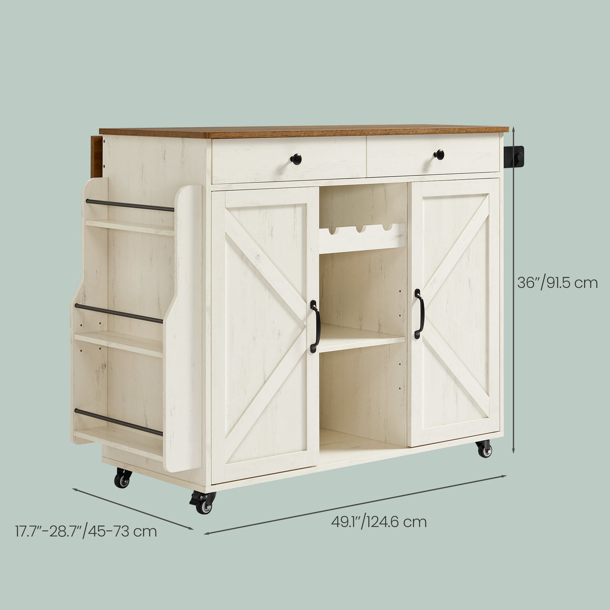 Kitchen Island Cart with Barn Doors and Drawers, Farmhouse Rolling Cabinet, 49.1 x (17.7-28.7) x 36 Inches, White and Tan
