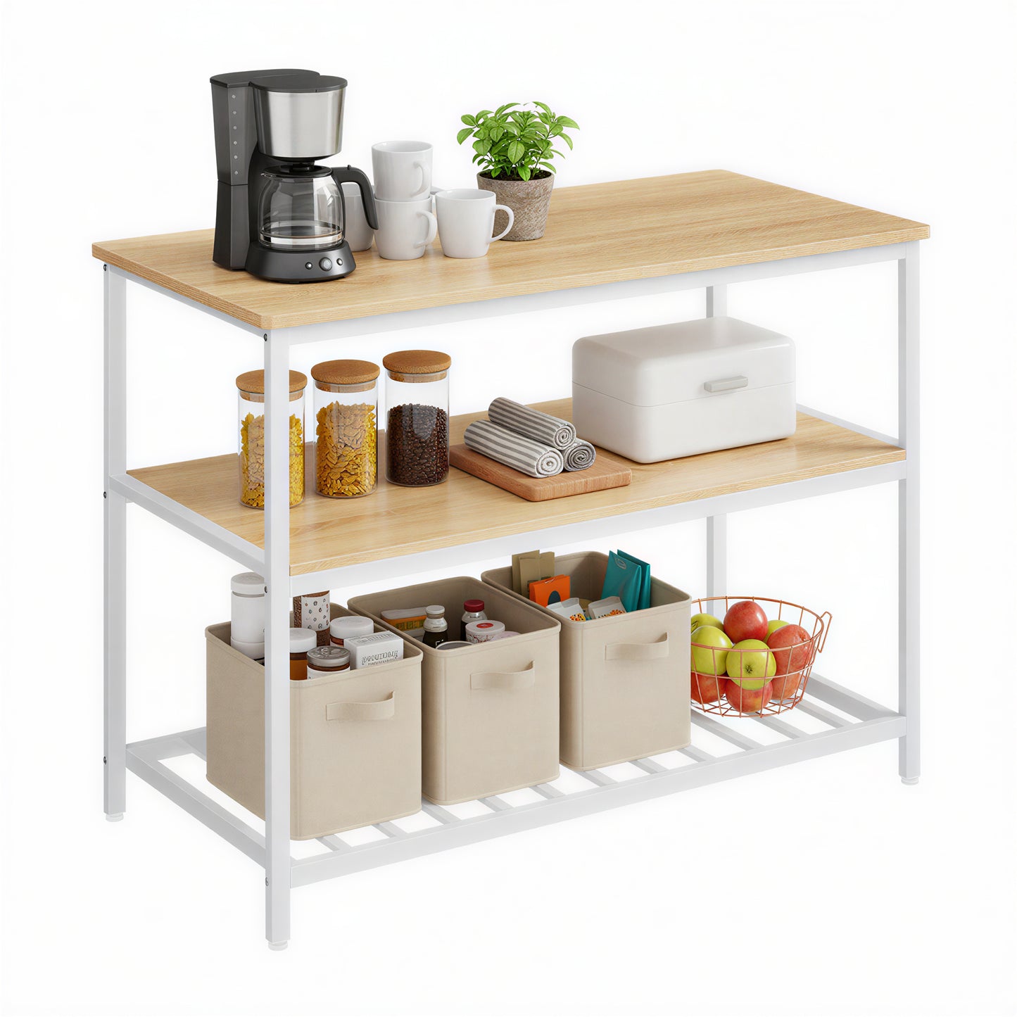 Kitchen Island with 3 Shelves, Large Worktop and Industrial Steel Frame, Multi-Purpose Kitchen Cart and Bar Table, Easy Assembly, Oak Color and White