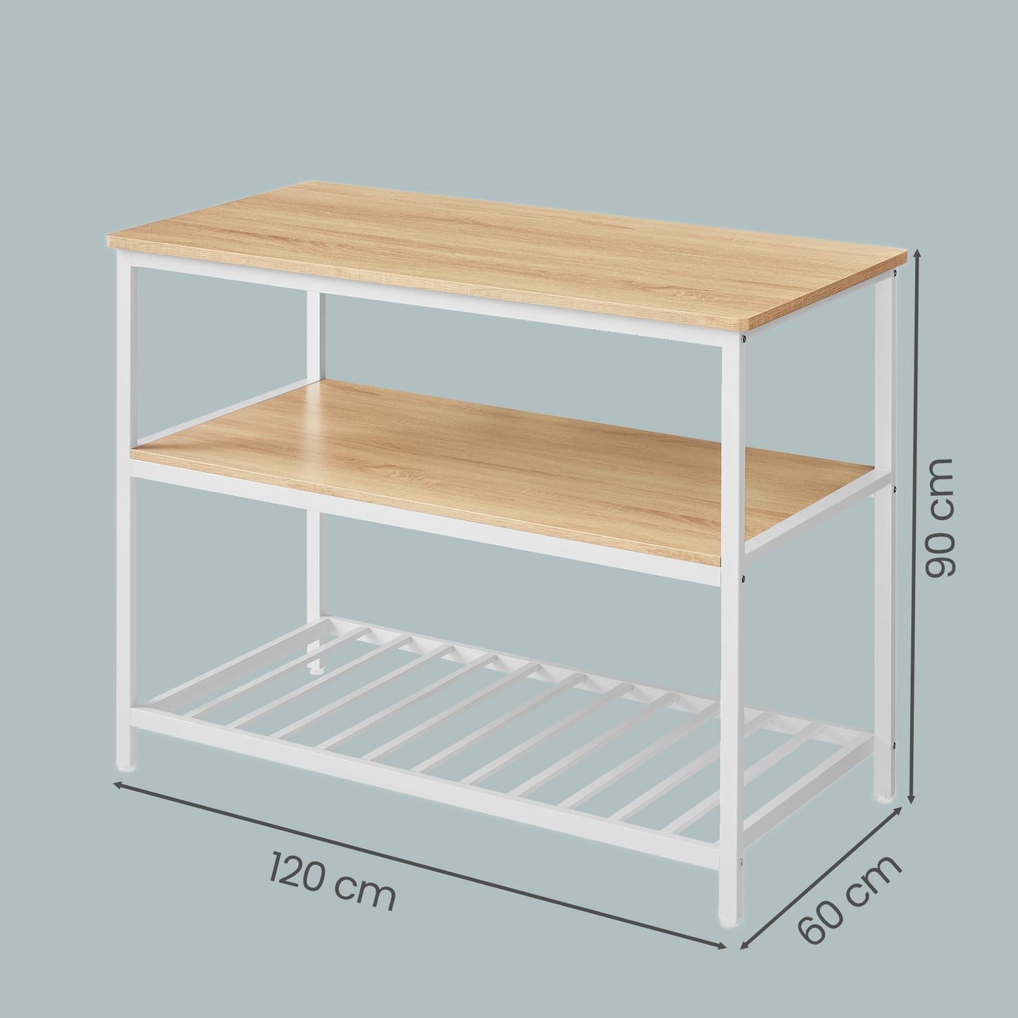Kitchen Island with 3 Shelves, Large Worktop and Industrial Steel Frame, Multi-Purpose Kitchen Cart and Bar Table, Easy Assembly, Oak Color and White