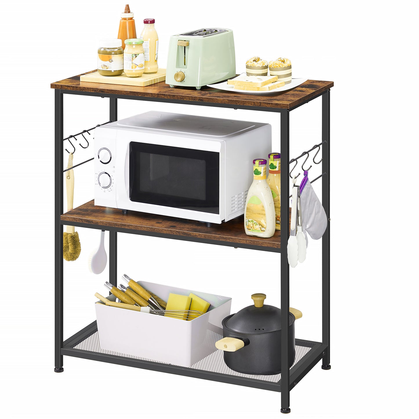 Bakers Rack Kitchen Shelf with 3 Open Shelves and 6 Hooks, Industrial Kitchen Island and Microwave Stand, Multi-Purpose Metal Frame, Rustic Brown and Black