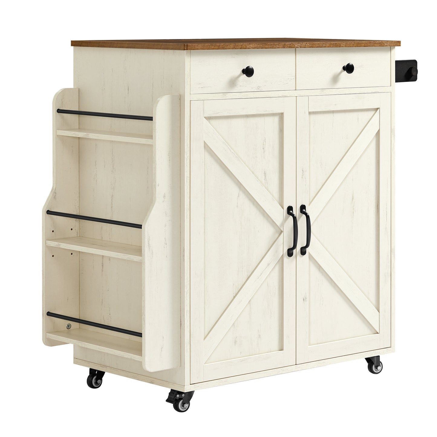 Mobile Kitchen Island, Portable Cart with Spice Rack, Storage Cabinet, 5-Level Adjustable Shelf, for Dining Room, Rustic White and Honey Brown
