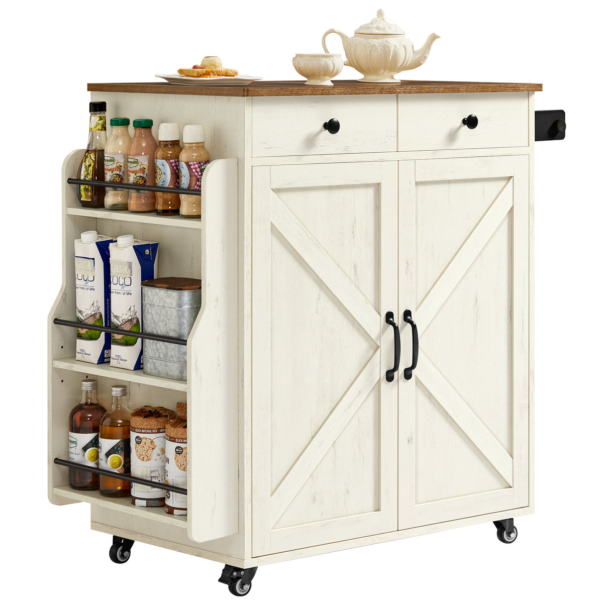 Mobile Kitchen Island, Portable Cart with Spice Rack, Storage Cabinet, 5-Level Adjustable Shelf, for Dining Room, Rustic White and Honey Brown