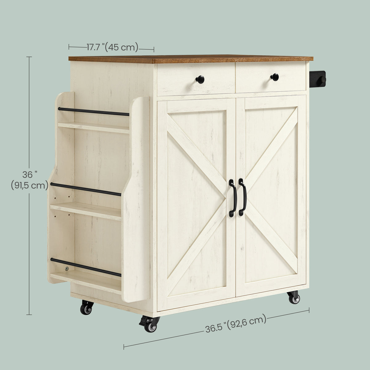 Mobile Kitchen Island, Portable Cart with Spice Rack, Storage Cabinet, 5-Level Adjustable Shelf, for Dining Room, Rustic White and Honey Brown