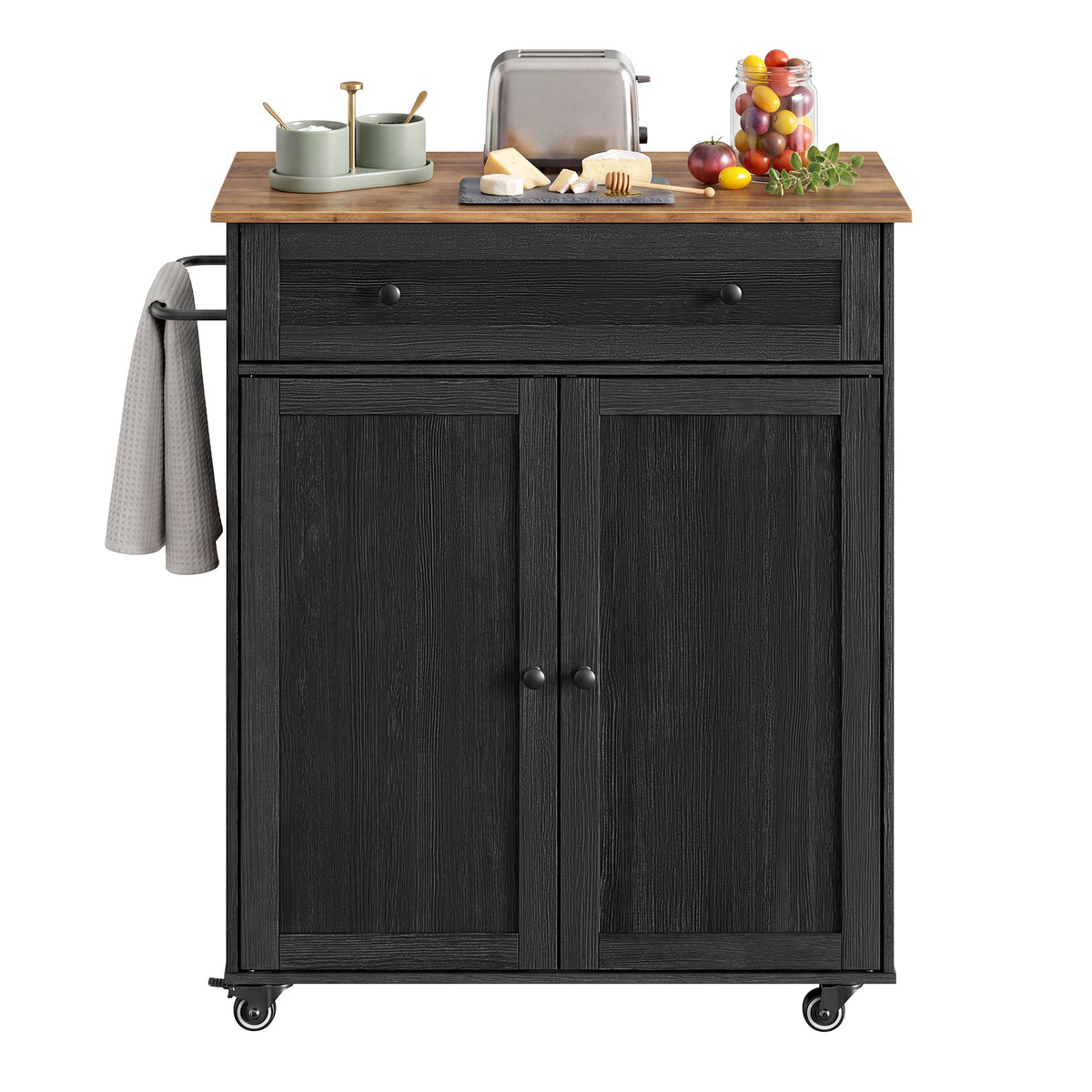 LEDREM Kitchen Island with Storage, Rolling Kitchen Cart with Wheels, Drawer, Charcoal Gray and Honey Brown