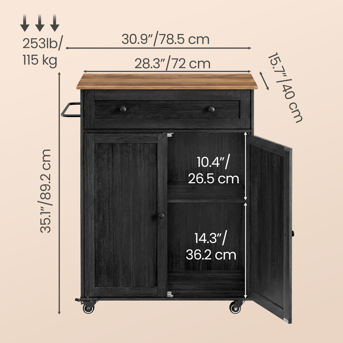 LEDREM Kitchen Island with Storage, Rolling Kitchen Cart with Wheels, Drawer, Charcoal Gray and Honey Brown