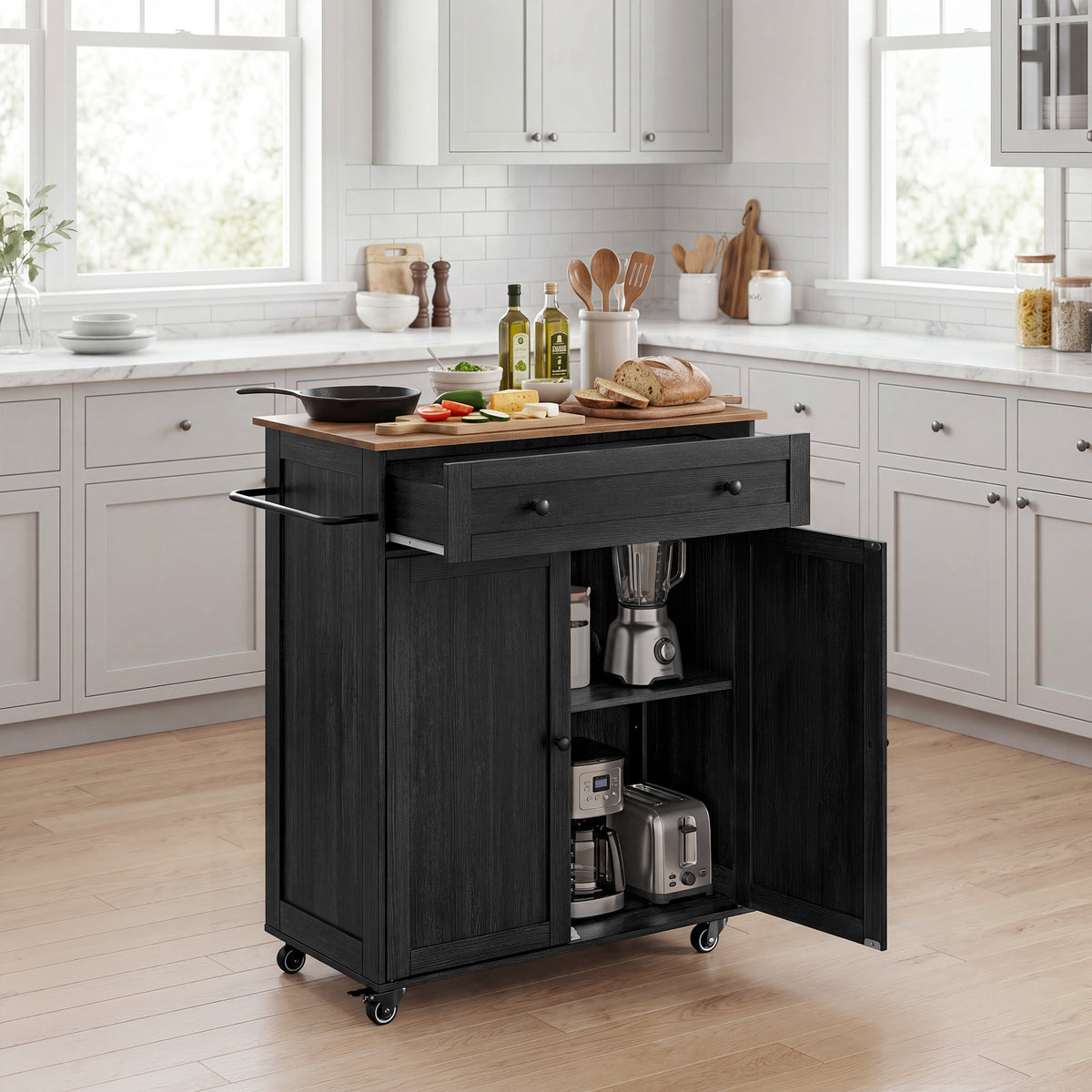 LEDREM Kitchen Island with Storage, Rolling Kitchen Cart with Wheels, Drawer, Charcoal Gray and Honey Brown