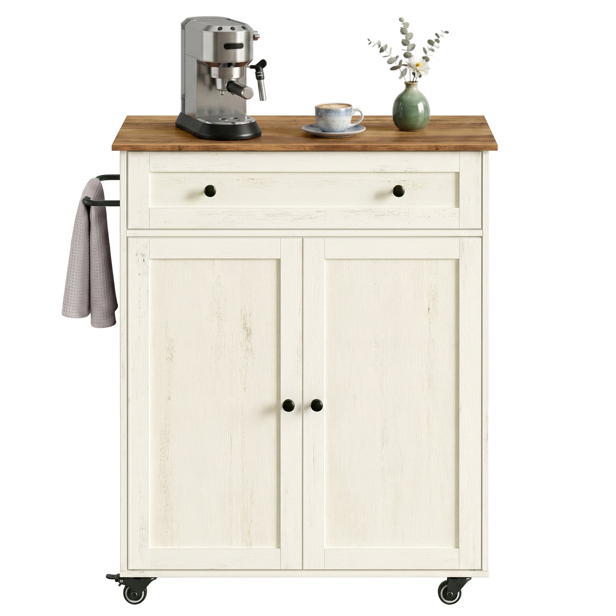 Rolling Kitchen Island, Mobile Cart with Storage Cabinet, Drawer & Adjustable Shelf, Farmhouse Style, 15.8 x 30.9 x 35.1 Inches, Rustic White and Honey Brown